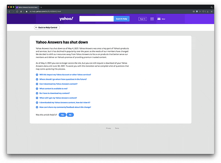 Yahoo! Answers closed May 4th 2021