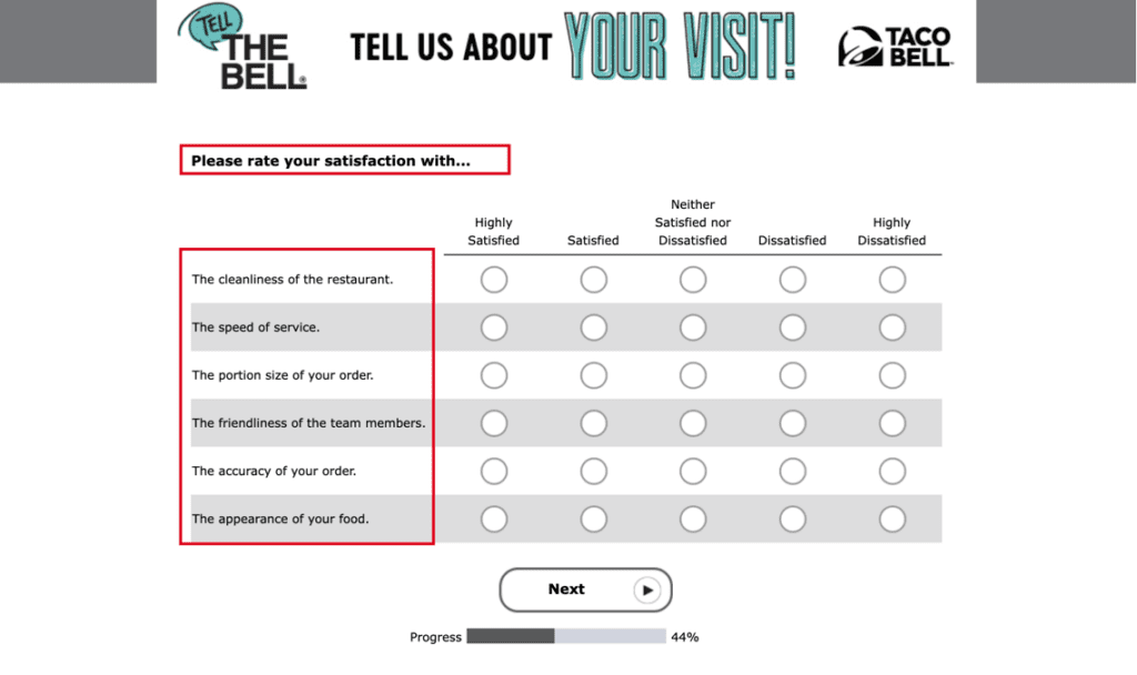 example of customer experience questions in online survey taco bell 